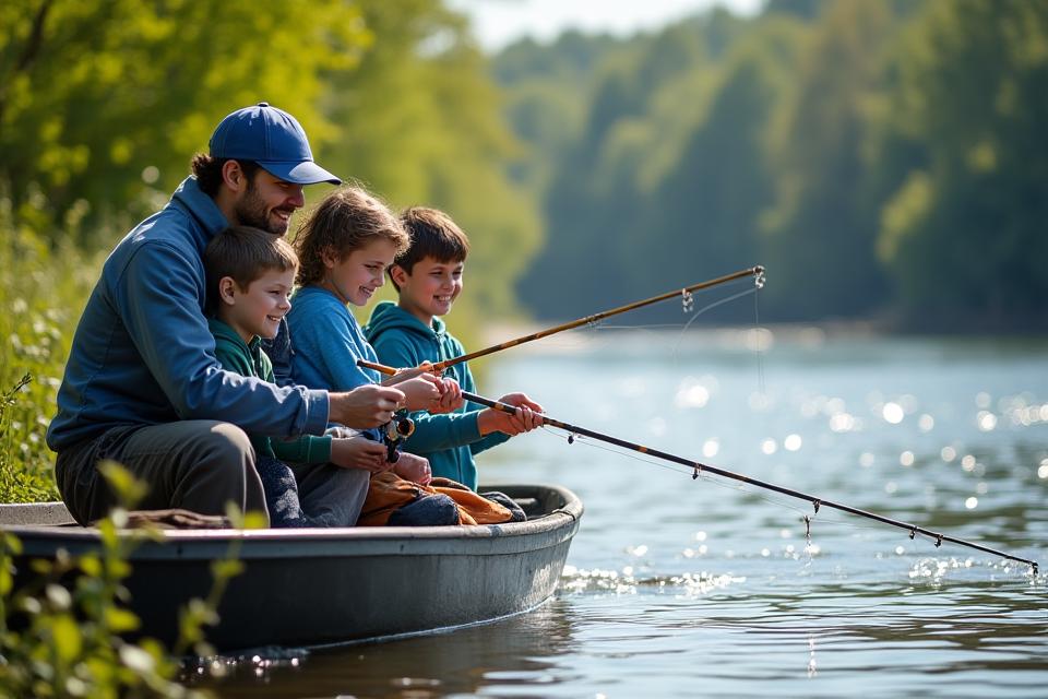 Kids participating in a fishing clinic by TideStone Outfitters, with an instructor helping