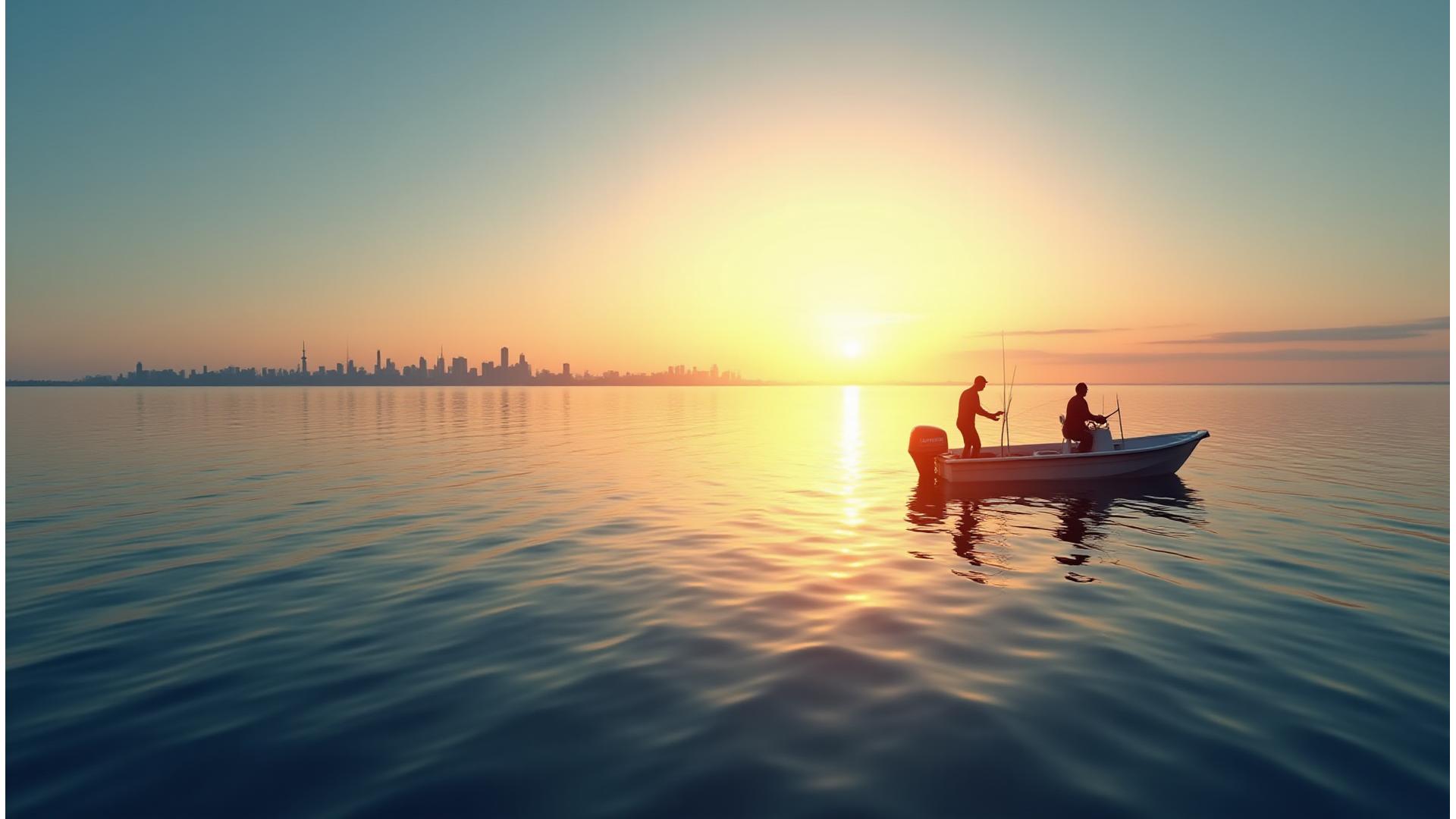Sunrise over Lake Ontario with fishing boat, symbolizing TideStone Outfitters' origins