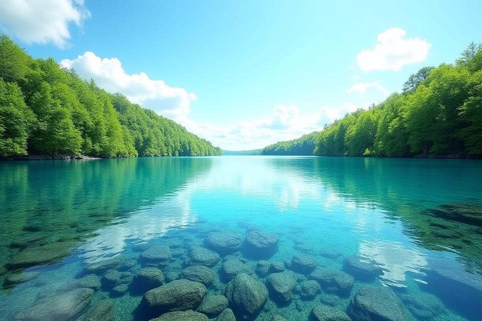 Clean lake with lush green shores, symbolizing environmental conservation