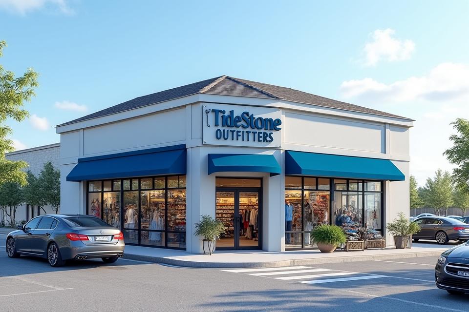 Exterior view of TideStone Outfitters store, welcoming and well-lit with fishing gear visible