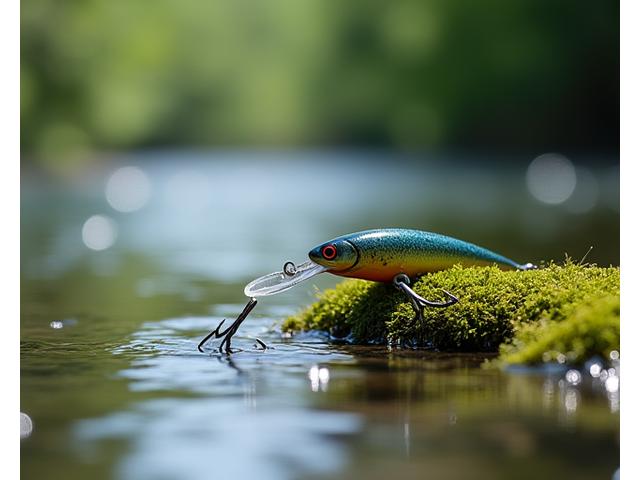 Biodegradable fishing lure next to a clean lake shore