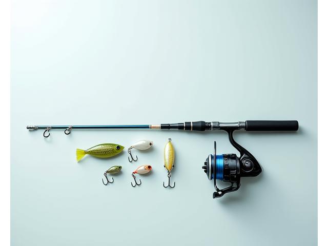 Fishing rod and reel paired with a selection of lures