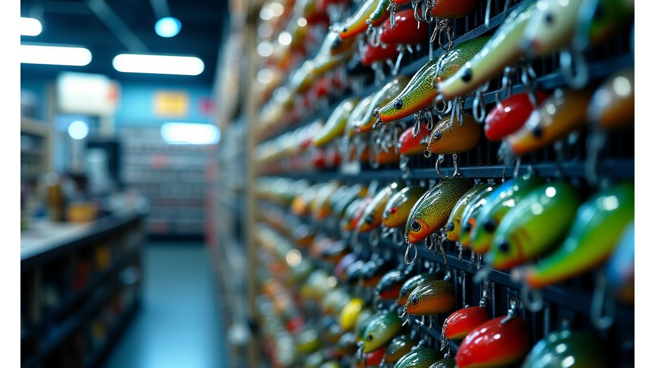 Vast collection of fishing lures and baits organized on a tackle shop wall