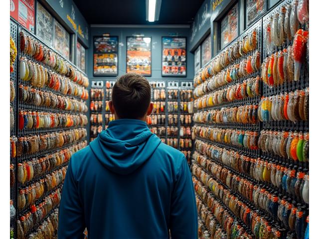 Angler examining an extensive wall display of fishing lures