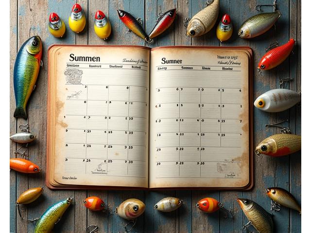 Calendar with fishing season marked, next to various lures