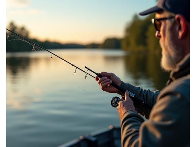 Angler demonstrating fishing lure technique on a lake