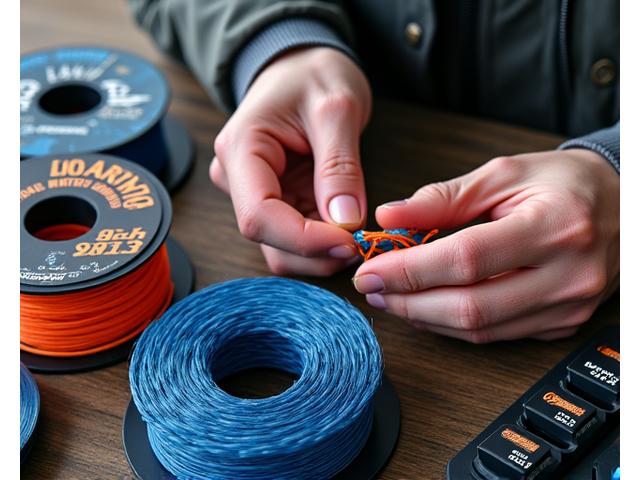 Variety of fishing lines and leaders, including fluorocarbon and braid, with knots being meticulously tied.