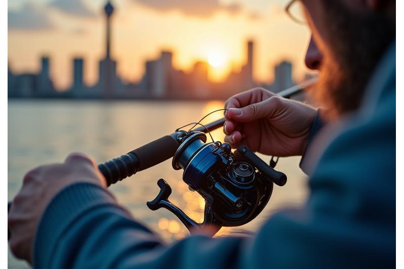 Expert angler meticulously rigging a fishing rod with specialized tools, focusing on the reel and line, with Toronto skyline faintly in background.