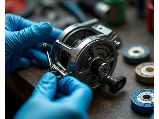 Close-up of a technician's hands carefully calibrating a fishing reel's drag system.