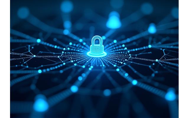 Abstract image of a secure digital network with padlock icons and flowing data lines, symbolizing robust data protection and cybersecurity.