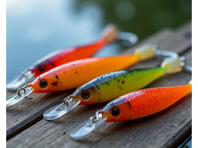 A collection of brightly colored biodegradable fishing lures, with an emphasis on their natural composition and environmentally friendly design, showcased against a rustic wooden background with a subtle water reflection.