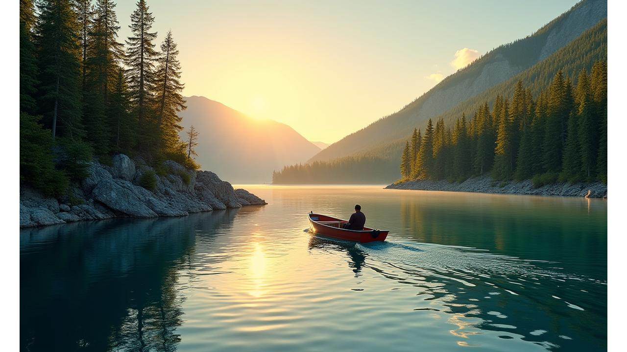 Pristine Canadian waters with a single fishing boat reflecting serene nature, embodying sustainable fishing practices.