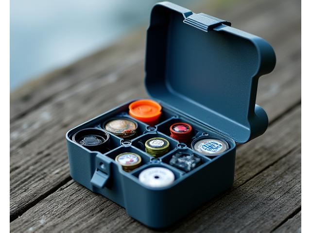 A close-up of fishing tackle, including a tackle box and fishing line, prominently displaying textures and labels that indicate they are made from recycled plastics. The background is subtly blurred, suggesting a responsible manufacturing environment.