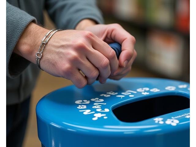 A pair of hands placing tangled discarded fishing line into a designated recycling bin, with a focus on the act of responsible disposal and waste reduction.
