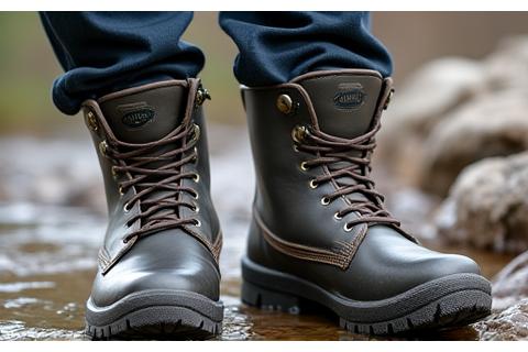 Waterproof fishing boots with grip, muddy but clean, ready for action