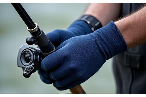 Fishing gloves with exposed fingertips for dexterity, holding a fishing rod, showing protection and utility