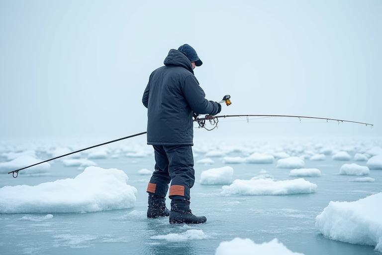 Ice angler sitting on a bucket, actively fishing, wearing a multi-layered insulated fishing suit with gloves, surrounded by snow and ice