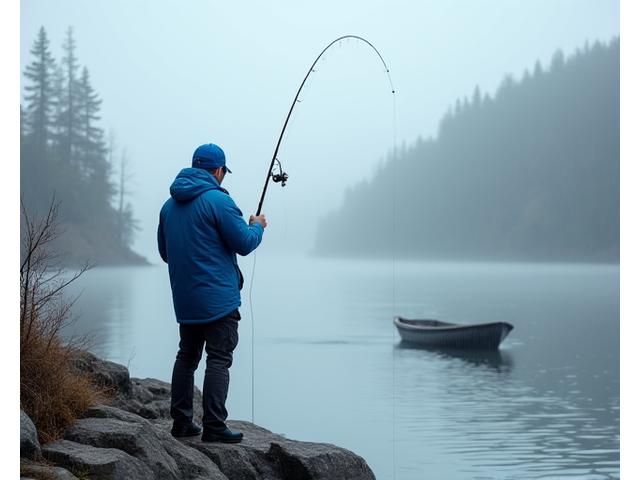 Angler fishing in a spring rain with a waterproof jacket, showcasing comfort and protection in variable weather