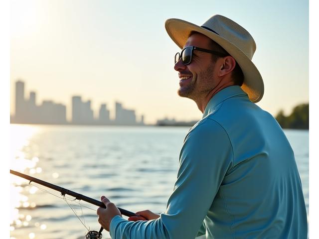 Fisherman wearing UPF-rated long-sleeve shirt and hat under bright summer sun on a boat, highlighting sun protection