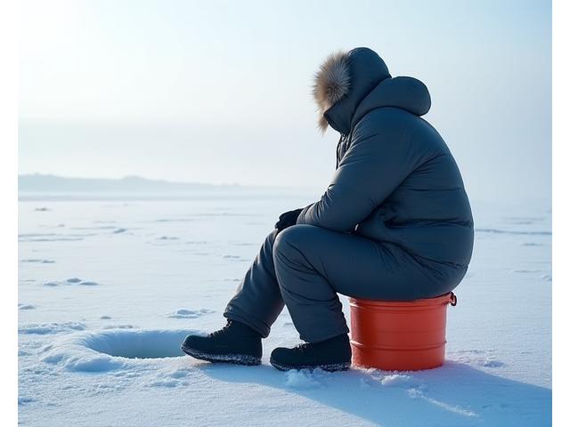 Ice fisherman bundled in insulated winter fishing suit on a frozen lake, depicting warmth and durability