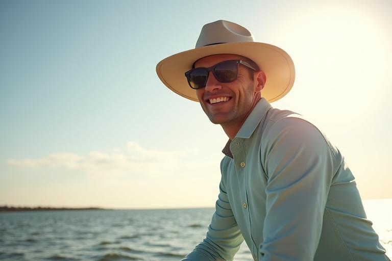Angler wearing a long-sleeve UPF shirt, wide-brim hat, and sunglasses on a sunny Toronto lake, emphasizing sun safety