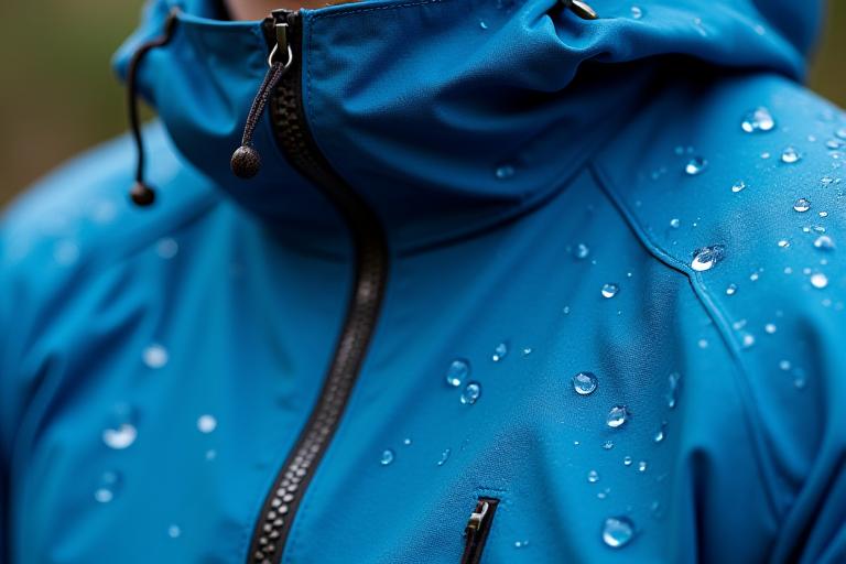 Close-up of a fisherman in a high-tech waterproof jacket with sealed zippers and hood up, rain droplets visible