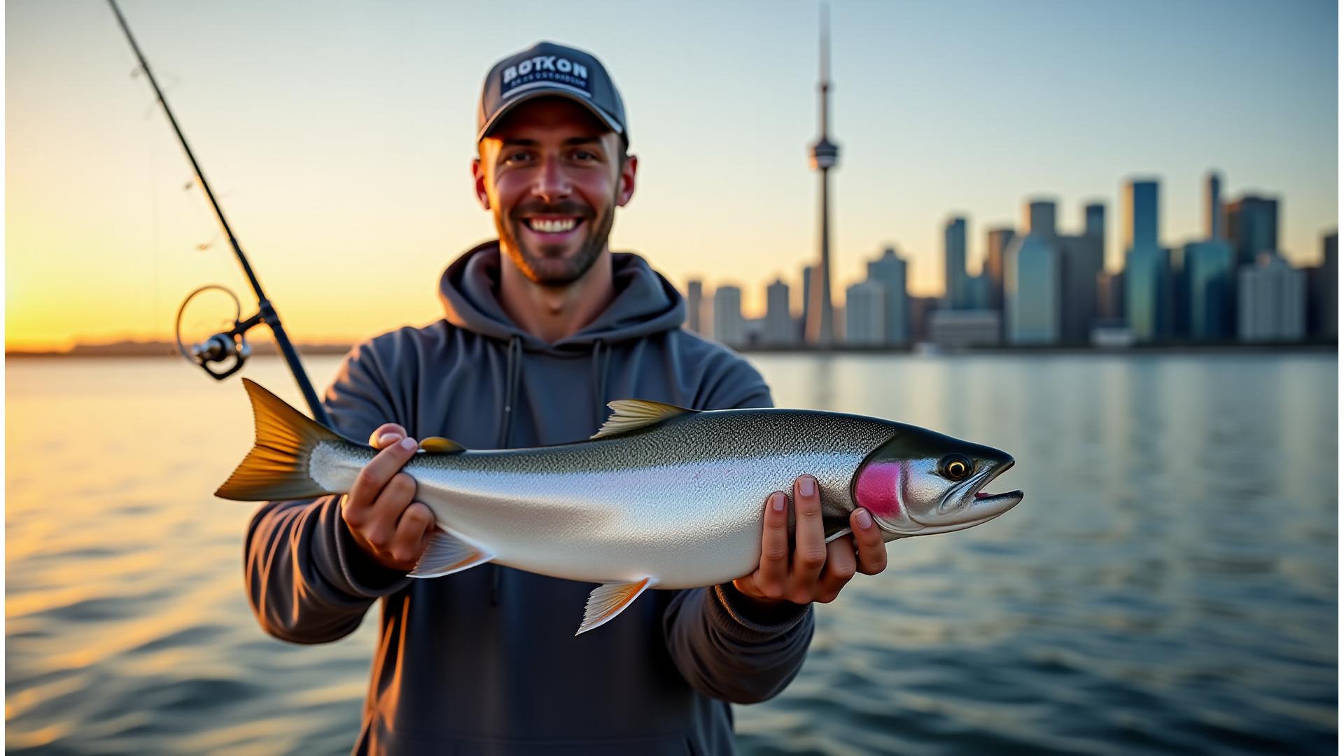 Angler proudly holding a large fish with a premium fishing rod and reel setup, vibrant Toronto waterfront in the background during golden hour.