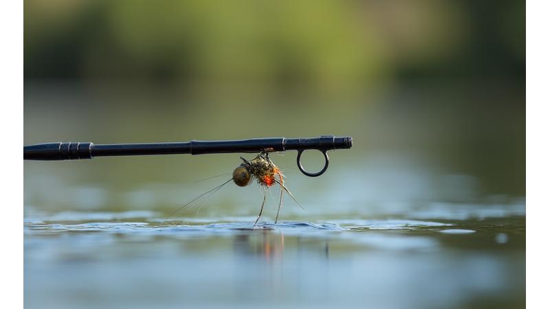 Feeder rod with a sensitive tip bent from a fish bite, showing the precision and action of the rod.