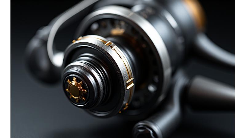 Close-up detailed view of a high-end fishing reel, highlighting its advanced gears and ergonomic handle.
