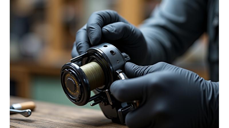 Close-up of expert hands performing custom line spooling on a fishing reel, showcasing precision and care.