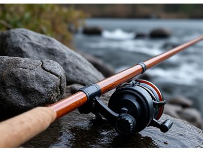 Robust salmon and steelhead fishing rod and reel combo on a rocky riverbank.