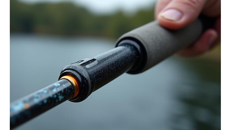 Close-up of a high-performance spinning rod handle and reel seat, showcasing ergonomic design and quality components.