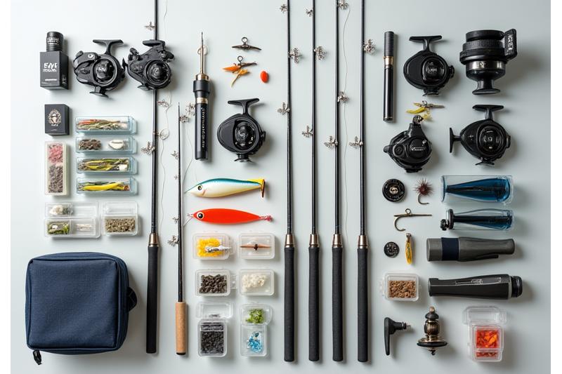 A meticulous display of various high-quality fishing rods and reels arranged neatly, with tackle boxes and lures prominently featured, suggesting full equipment provision.
