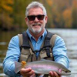 Portrait of Guide John 'The River King' Doe, a man in his late 40s with a warm smile, wearing a fishing vest, holding a large caught fish.