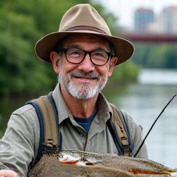 Portrait of Guide Mike Chen, a friendly man in his late 50s, wearing glasses and a sun hat, holding a net with a vibrant smallmouth bass caught in an urban setting.