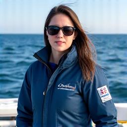 Portrait of Guide Sarah Lee, a woman in her early 30s with an adventurous spirit, wearing a marine jacket, standing confidently on a fishing boat with Lake Ontario in the background.