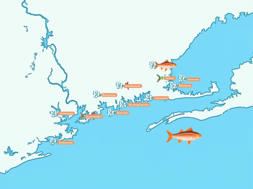 An illustrative map focusing on the Greater Toronto Area with various fishing hot spots highlighted with fish icons and distinct markers for Lake Ontario, Humber River, Don River, and various urban ponds. Overlay of boat routes and popular shoreline angling points.