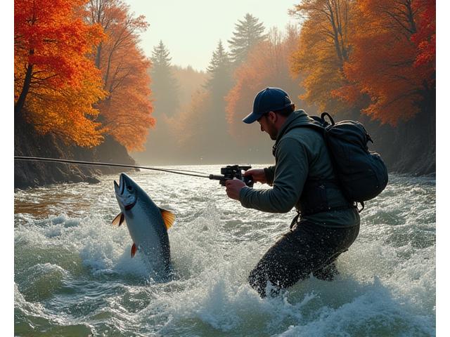 A dramatic autumn scene of an angler battling a large salmon in a river, surrounded by trees with brilliant fall foliage.
