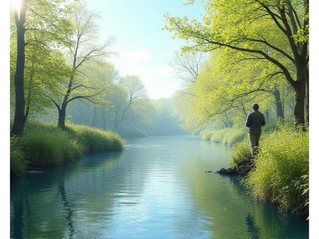 A serene springtime scene of an angler casting into a river with fresh green foliage along the banks.