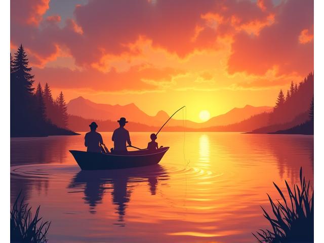 A vibrant summer scene of a boat on a calm lake at sunset, with a family enjoying fishing, depicting warm weather angling.