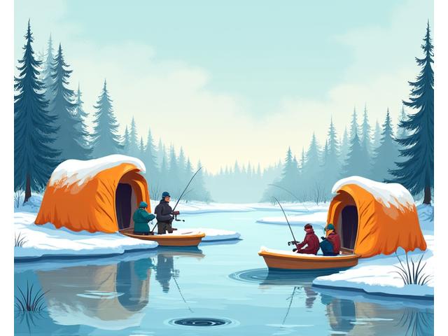 A cozy winter scene of anglers ice fishing on a frozen lake, with a hut and warm clothing, reflecting cold weather fishing.