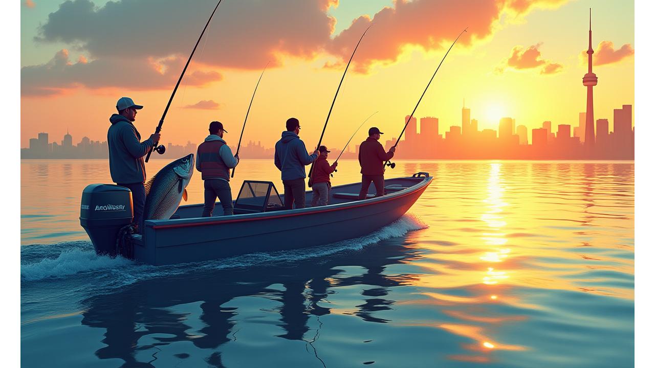 Panoramic view of a group of excited anglers on a boat fishing on Lake Ontario at sunrise, with the Toronto skyline in the distance.