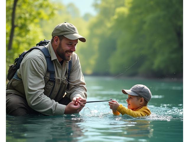 A wide shot of a smiling father helping his child reel in a small fish from a peaceful riverbank, depicting a beginner-friendly tour.