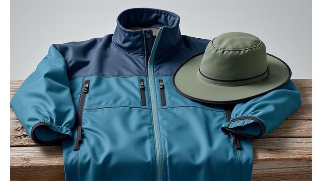 Weather-resistant fishing hat and jacket on display