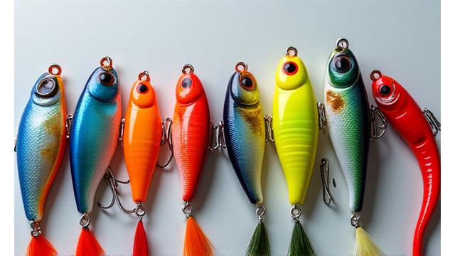 A collection of colourful fishing lures and lines displayed attractively