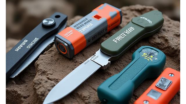 Various outdoor survival tools and equipment neatly arranged