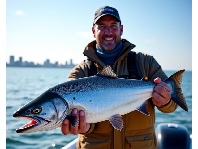A beaming angler holding up a large Chinook Salmon on Lake Ontario