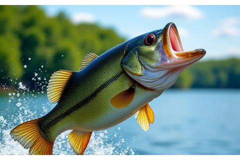 A large bass jumping out of the water with a fishing lure in its mouth under summer sun