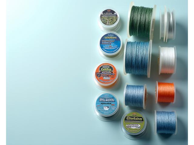 Variety of fishing line spools: monofilament, fluorocarbon, and braided, neatly arranged with clear labels and varying colors