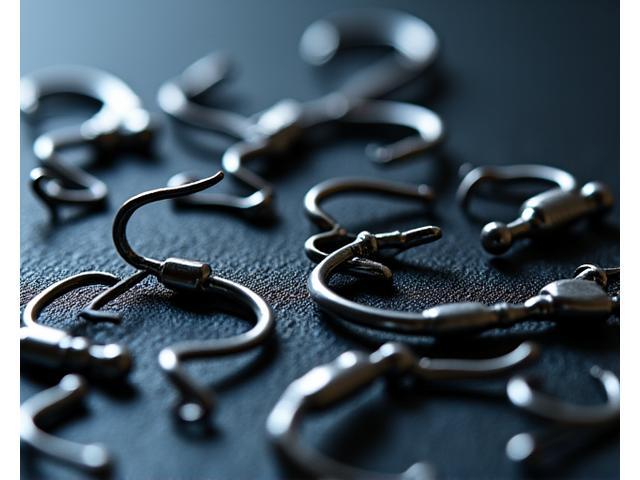 Assortment of fishing hooks in various sizes and styles, including jig heads, treble hooks, and single hooks, arranged on a tackle tray